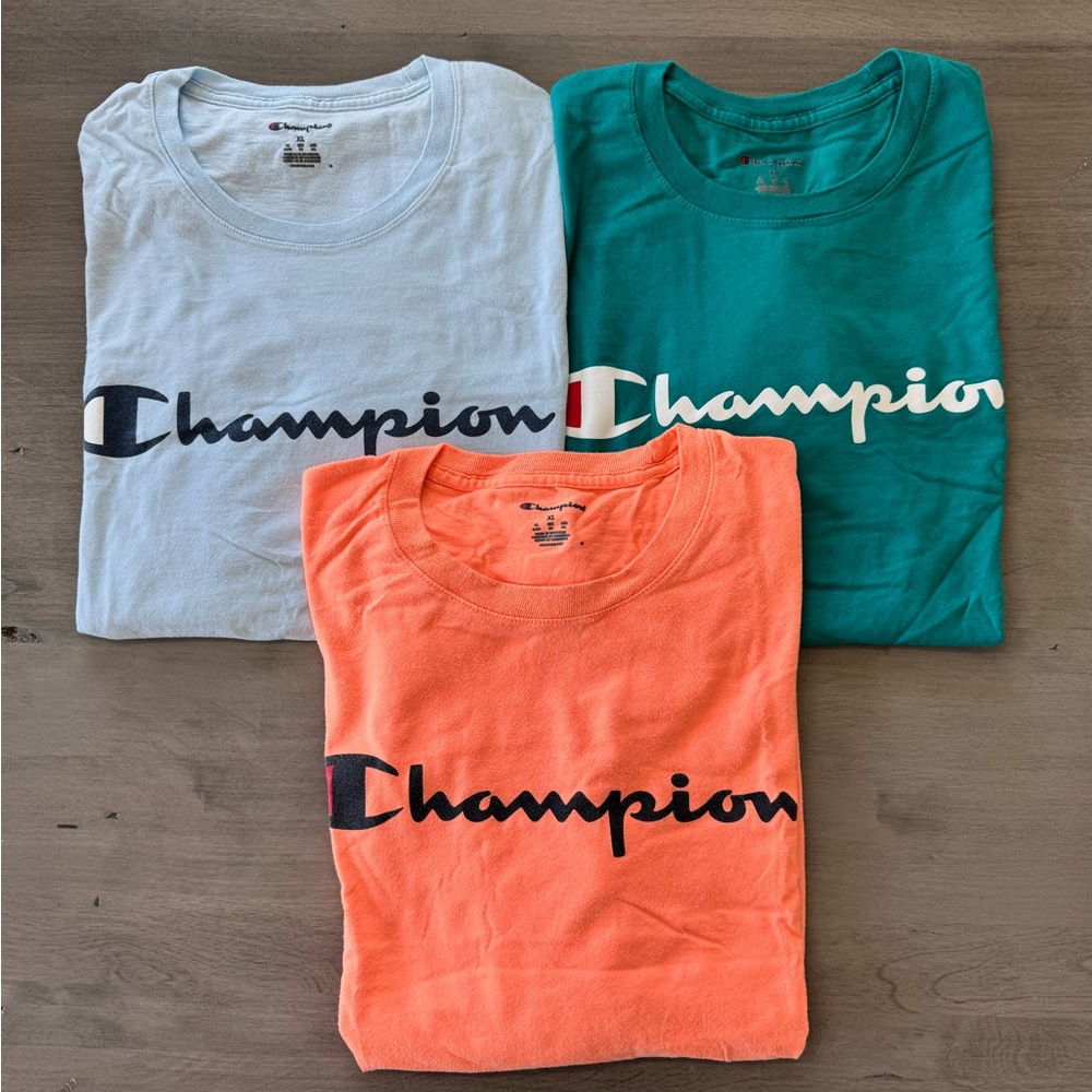 Champion Logo T-Shirts in Blue, Green, and Orange